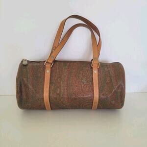 ETRO Paisley Bag Barrel Purse Brown Zip Medium 11x5x5 Leather Italian